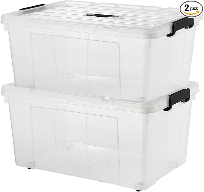 2 Packs 105 Quarts Heavy Duty Storage Bins with Lids Wheels Plastic Storage Containers - Locking Lid Stackable Clear Bins for Garage/Closet Crush-Proof Design (2 100L with Wheels)