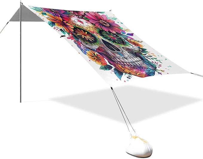 ALAZA Colorful Human Skull Mexican Floral Tattoo Beach Tent Sun Shelter Portable Canopy Sunshade for Outdoor Camping Picnics Backyard Fun 10x9 ft