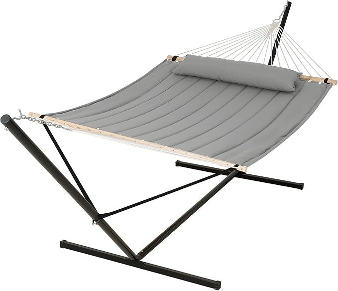 SUNCREAT Double Hammock with 15 ft Stand Outdoor Hammock with Stand Balance Straps Light Gray