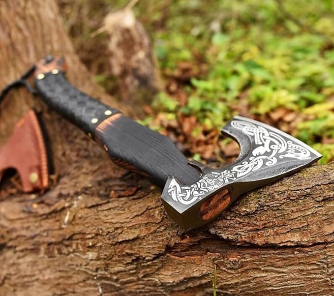 Viking Axe - 20 Inch Long Handle Custom Hand Forged Carbon Steel Combat Axe - Hatchete with Leather Sheath - Bearded Axe for Wood Cutting - Outdoor &amp Camping Axe by Empire Industry