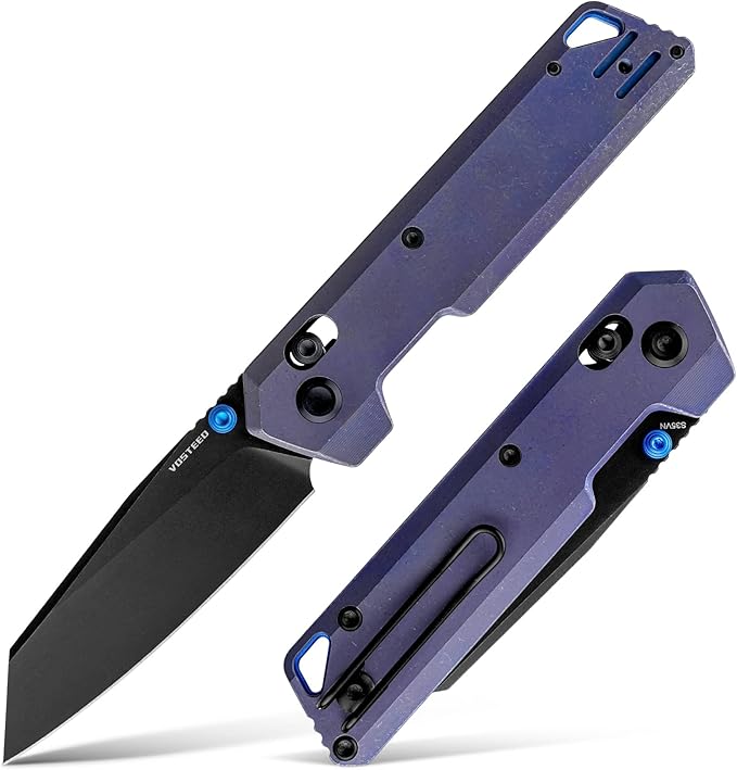 Vosteed Parallel Ultra Thin Folding Pocket Knife - 2.90 S35VN Black Stonewash Blade Reverse Tanto - Crossbar Lock Purple Titanium Handle - Hiking Camping Knives - A3518