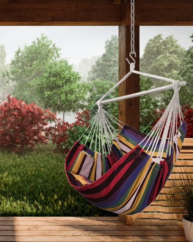 XXL Hammock Chair Hanging Rope Swing with 2 Cushions - Max 500lbs-Perfect for Patio Porch Bedroom Backyard Indoor or Outdoor - Includes Hanging Hardware Kits Rainbow