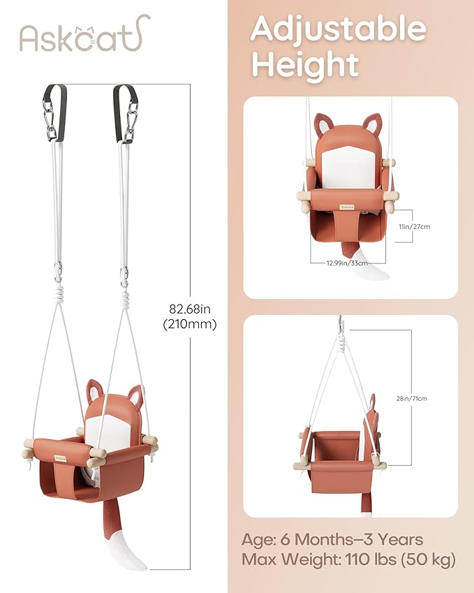 Wooden Baby Swing with Soft Safety Belt Cozy Infant Swing Seat for Indoor &amp Outdoor Use Adjustable Height Includes Mounting Hardware – Suitable for Babies &amp Toddlers（Fox-Themed in Red）