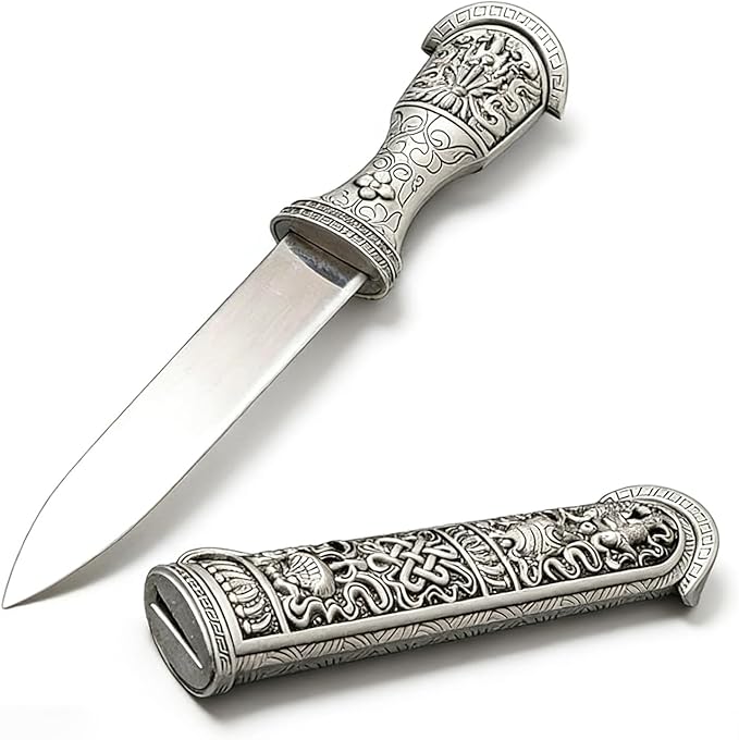 Fixed Blade Knife Chinese Tibetan Knife with Ornate Handle Celtic Knot Design Steel Blade with Sheath