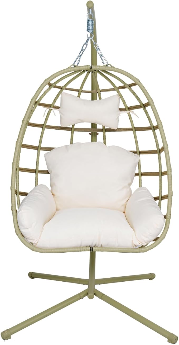 Hanging Egg Chair with Stand Outdoor Indoor Patio Rattan Swing Hammock Chairs with Washable Cushion 350lbs Capacity PE Wicker Swing Chair for Backyard Bedroom Garden (Cyan + White Cushion)