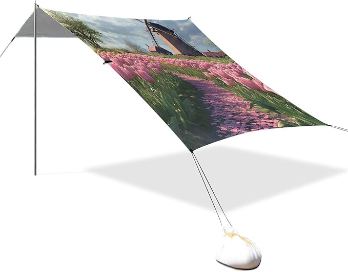 ALAZA Pink Tulips Windmill Beach Tent Sun Shelter Portable Canopy Sunshade for Outdoor Camping Picnics Backyard Fun 10x9 ft