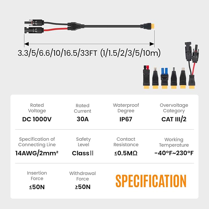 6-in-1 Solar Panel Connector Kit Solar Connector to DC5521 7909 8020 XT60 EC5 Solar Panel Multi Connector Cable Portable Heavy-Duty Weatherproof for RV Power Staion Generator (5ft)