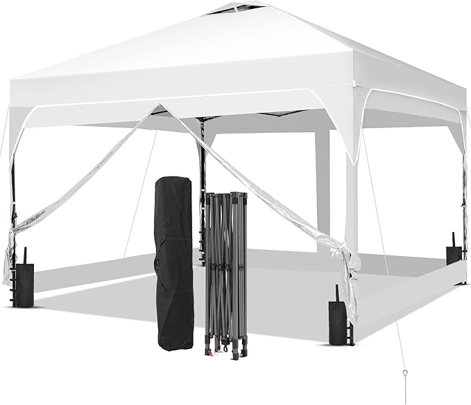 GDY 8x8 FT Pop Up Canopy Tent with One Push SetupSetup Gazebo with 4 PVC Transparent SidewallsEasy Carry for Events Parties Camping White