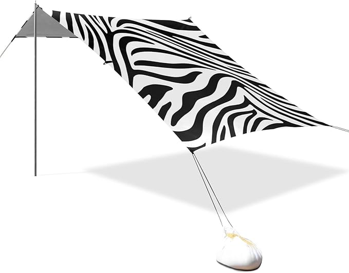 Beach Canopy with Windproof Ropes &amp Sandbags Beach Tent Sun Shade Sun Shelter for Camping Trips Fishing Backyard Fun or Picnics Zebra Elements