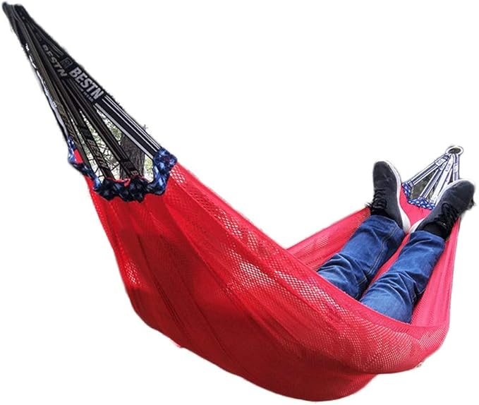 Portable Hammock Nylon Ice Silk Camping Hammock Cool Breathable Mesh Hammocks for OutdoorIndoor Patio Backyard for Backpacking Beach (Color : Rojo Size : with Tying Rope 2.2m)