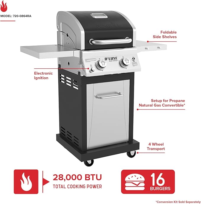 Nexgrill Deluxe 2-Burner Gas Grill with 401 SQ In Grate 28000 BTUs Stainless Steel Control Panel &amp Foldable Side Table Propane BBQ Grill for Outdoor Cooking Patios Backyards and More - 720-08