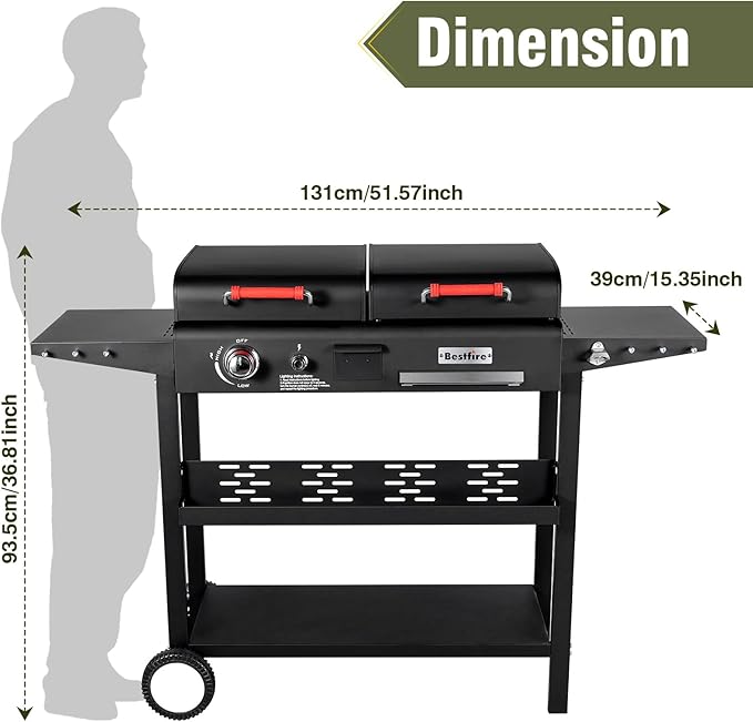 Bestfire Dual Fuel Propane Gas Charcoal Grill Combo Black Dual Lids Flat Top Grill With 2 Side Shelves for BBQ Outdoor and Backyard Cooking