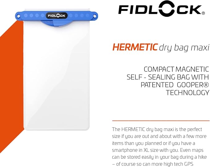 FIDLOCK Hermetic Dry Bag Flexible Magnetic Self-Sealing Bag for Cellphone | 100% Water &amp Sand Proof | Practical Size with a Large Opening | Lanyard Included | Multi | Blue