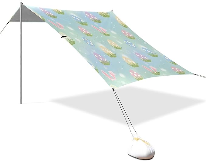 Easter Egg Beach Canopy Sun Shelter with Sandbags &amp Sand Shovel &amp Windproof Ropes - Portable 110x126 Beach Shade Beach Tent for Camping Picnics