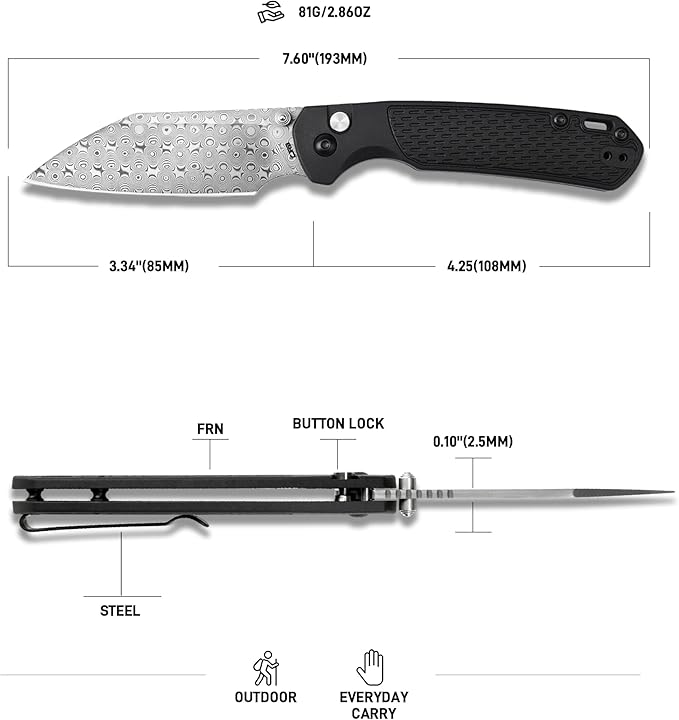 CJRB Pyrite-Light Pocket Knife 3.34'' Damascus Steel Blade Folding Knife with Pocket Clip Pocket Knife for Men Women Sharp Camping Hiking EDC Knives J1945D
