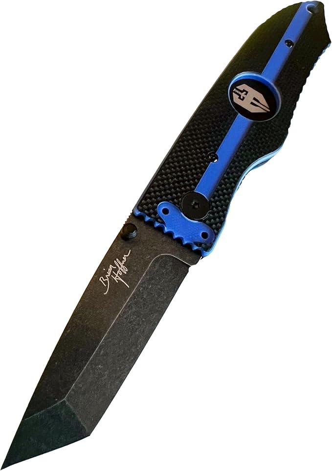 HOFFNER 3.5 EDC Folding Knife with Pocket Clip VG10 Japanese Stainless Steel Black Acid Washed Tanto Blade - (First Responder Thin Blue Line Medium Texture Grip) - Camping Hiking Outdoor Survival