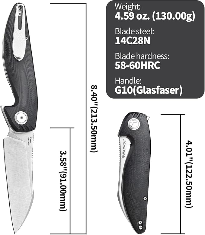 Harnds Parrot Folding Pocket Knife with Clip and Blade Lock 8.4 EDC Folding Knife with Sweatproof G10 handle and 14C28N Stainless Blade (Black)