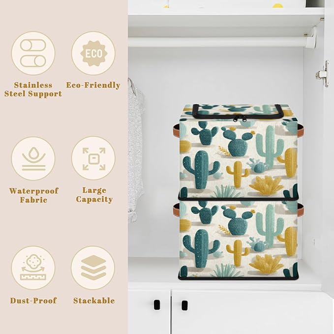 Cactus Storage Bins with Lids Desert Collapsible Cube Storage Basket with Leather Handle Foldable Storage Box with Lids for Organizing Home Closet