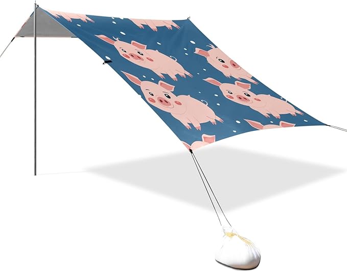 ALAZA Blue Background with Cute Pigs Seamless Beach Tent Sun Shelter Portable Canopy Sunshade for Outdoor Camping Picnics Backyard Fun 10x9 ft