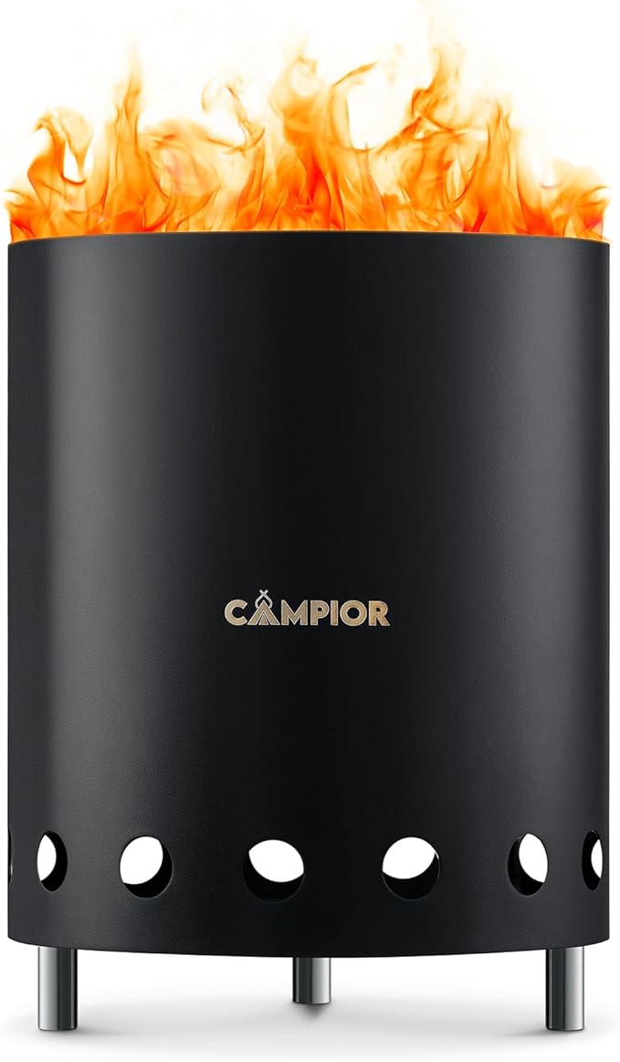 CAMPIOR Wood Burning Fire Pit Stove with Black Exterior - Smokeless Outdoor Stove for Efficient Wood Fires Camping and Gatherings Stainless Steel with Removable Ash Pan Stand and Carry Bag