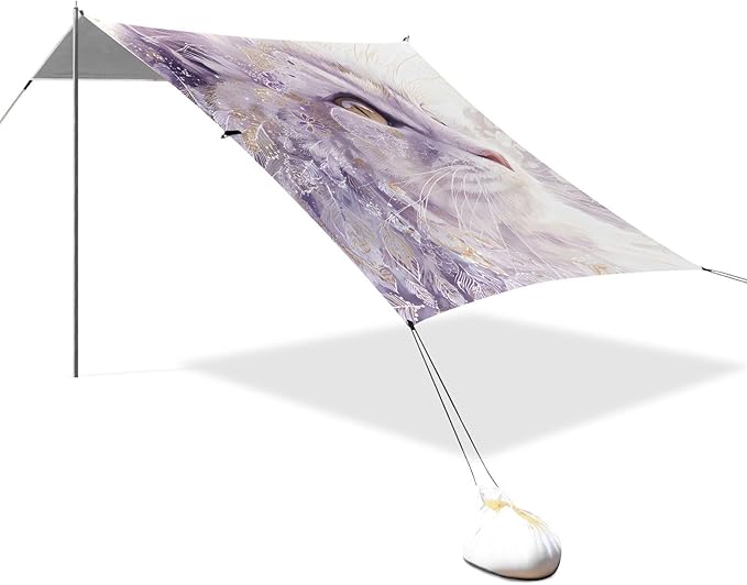 ALAZA White Cat Feathers Gold Edge Beach Tent Sun Shelter Portable Canopy Sunshade for Outdoor Camping Picnics Backyard Fun 10x9 ft