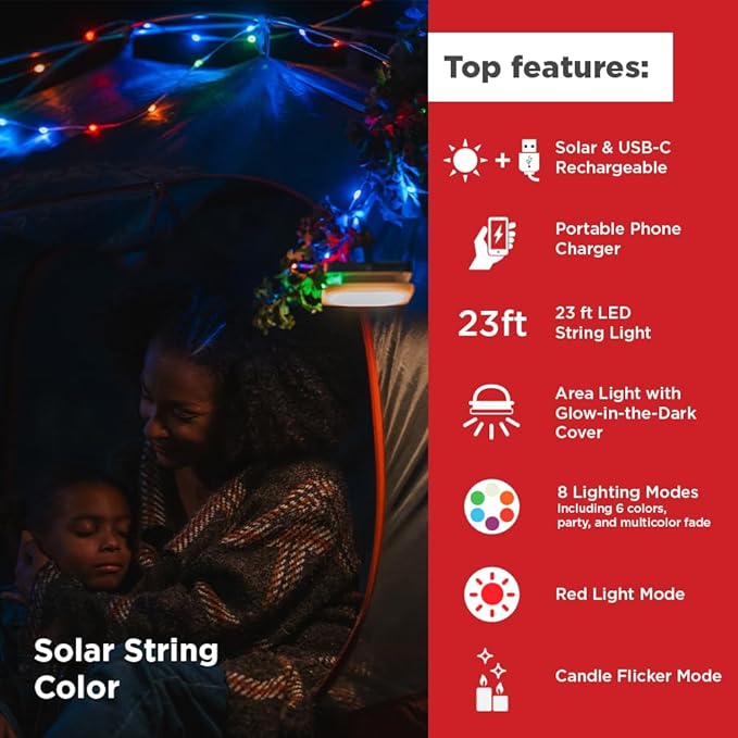 LuminAID Color Solar String Light with Phone Charger - Multicolor Tent Lights for Camping - 23 ft Rechargeable String Lights Perfect for Camping Backyard Patio RVs Outdoor Power Outages (1 Pack)