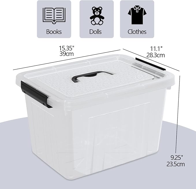 4-Pack 18L Clear Plastic Storage Boxes Bins Containers with Lids and Handles Medium 15.35 x 11.1 x 9.25 Inches BPA Free
