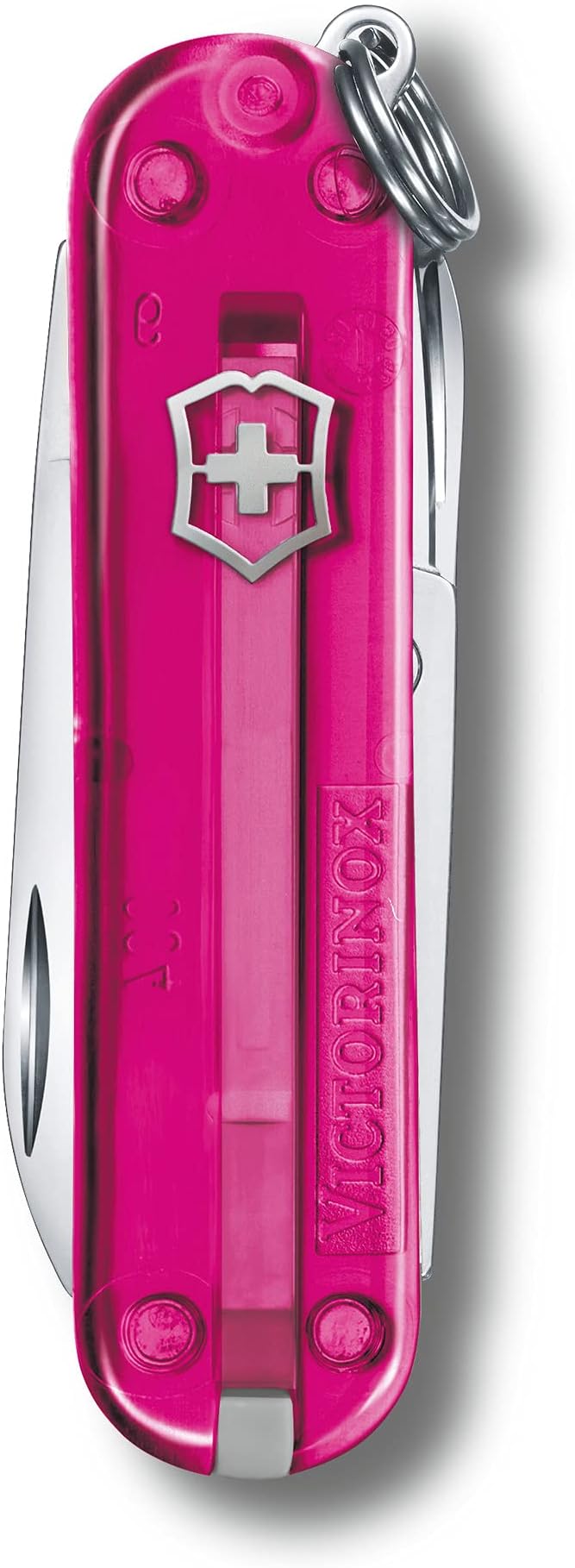 Victorinox Classic SD Swiss Army Knife Compact 7 Functions Swiss Made Pocket Knife with Small Blade Screwdriver and Key Ring - Cupcake Dream (Pink Translucent)