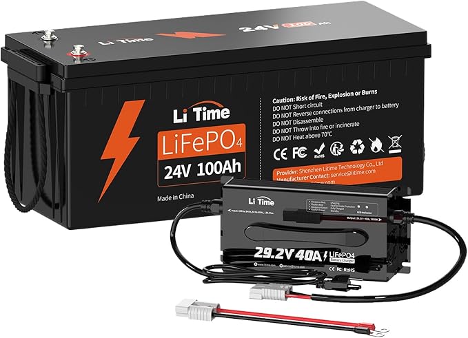 LiTime 24V 100Ah LiFePO4 Lithium Battery with 29.2V 40A LiFePO4 Battery Charger Built-in 100A BMS Up to 15000 Cycles Max. 2560W Load Power for RV/Camper Solar Trolling Motor Marine Off-Grid