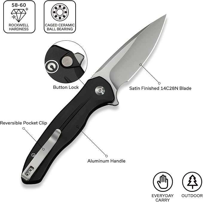 CIVIVI Kitefin EDC Pocket Knife 3.22“ 14C28N Drop Point Blade Folding Knife Aluminum Handle with Reversible Clip for Camping Hiking Hunting C24091-1 Black