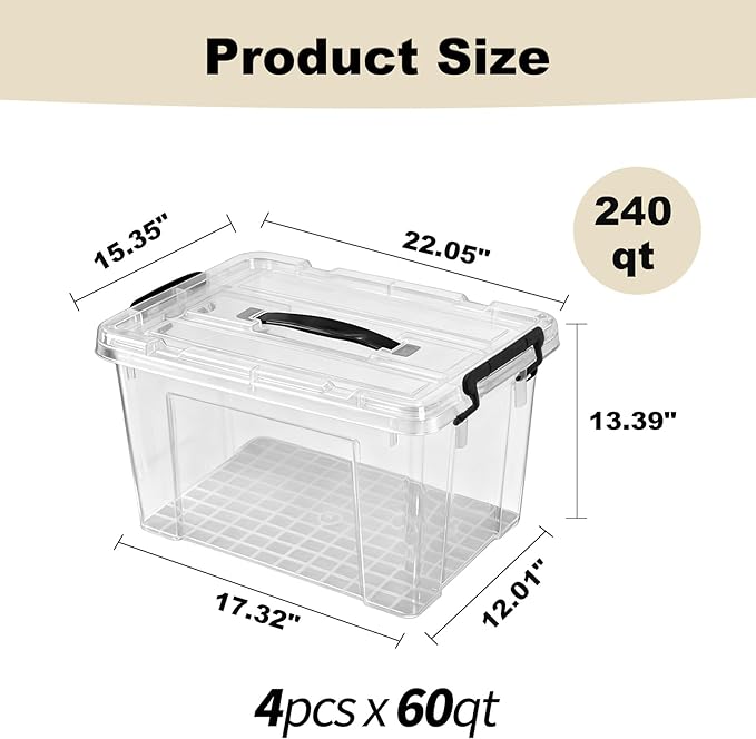 60 QT Plastic Storage Box with Lid and Latches - 4 Pack - BPA-Free See-Through Organizing Solution Durable Nestable Stackable Containers Secure Pull Handle - Clear (60 QT)
