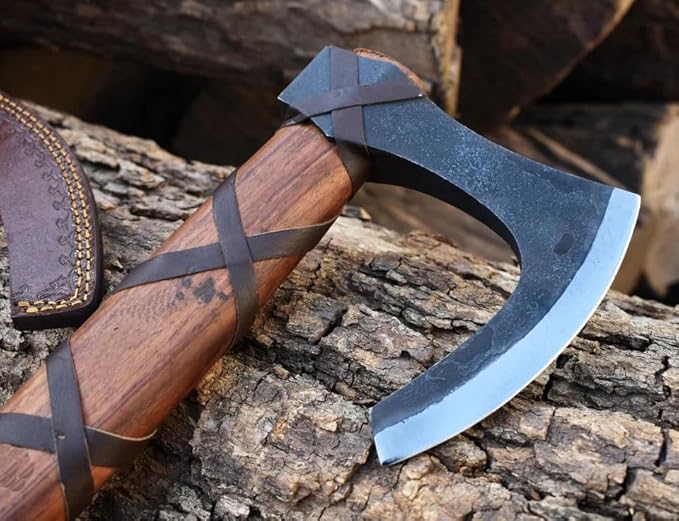 Ragnar Viking Axe - Hand Forged Carbon Steel Hatchet with Leather Sheath | Norse Bearded Axe for Camping Throwing Hunting Outdoor Survival | Gift for Men