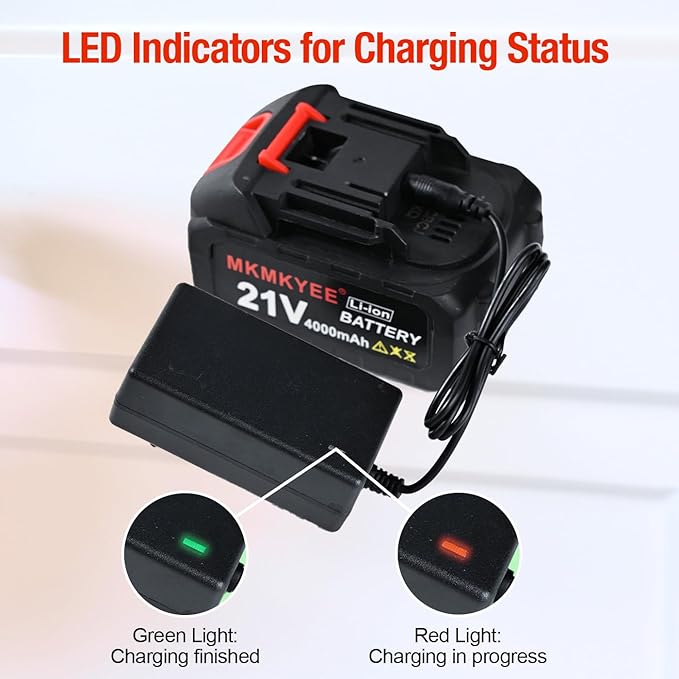 21V Lithium Battery and Charger Cord 4.0 Ah Battery with Charger Adapter Led Indicator Compatible for Cordless Tiller Cultivator