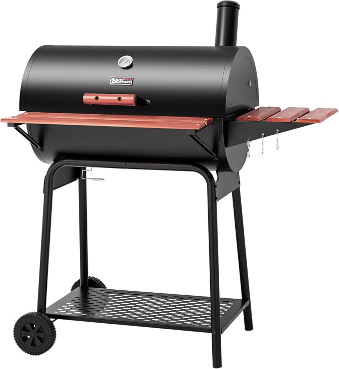 Royal Gourmet CC1830V 30 Barrel Charcoal Grill with Wood-Painted Side Front Table 627 Square Inches Cooking Space for Outdoor Backyard Patio and Parties Black