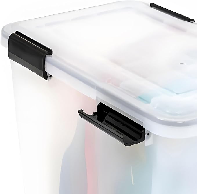 IRIS USA WeatherPro 63 Qt Storage Bins with Lids 4 Pack BPA-Free Plastic Gasket Box with Tight Latch and Seal Stackable Nestable Tote Tub - Clear/Black