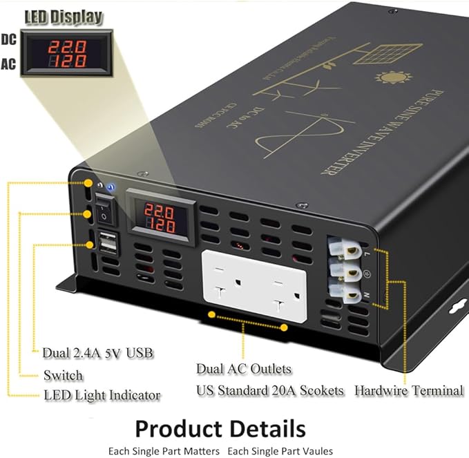 3000Watt Pure Sine Wave Power Inverter 24VDC to 120VAC 6000W Peak Built-in Soft Starter Dual AC Outlets 2× 2.4A USB Port &ampHardwire Terminal Off-Grid Solar Converter RV Trucks (U5-300024)