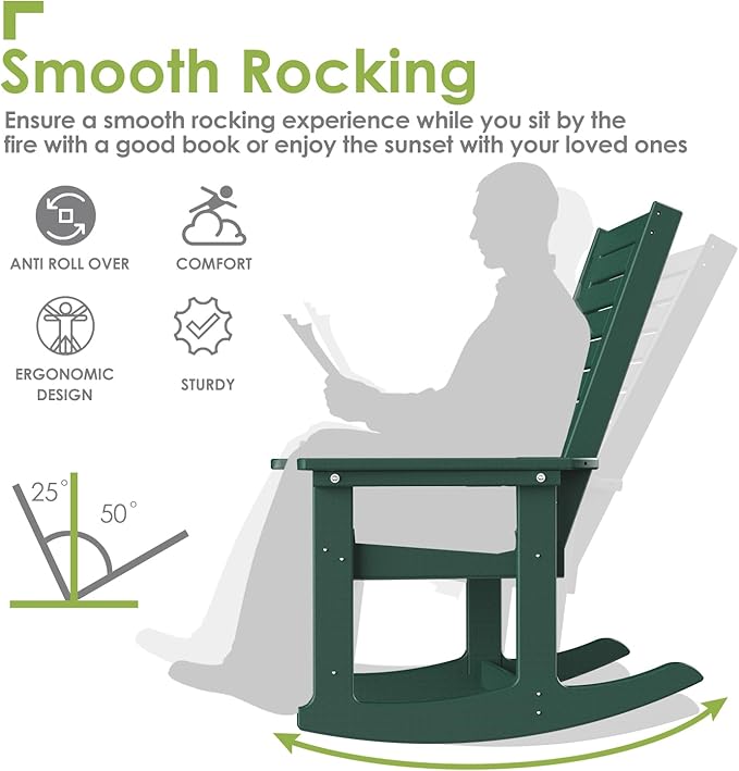 GREENVINES Outdoor Rocking Chairs | Set of 4 | Porch Rocker | HDPE Plastic | Forest | Oversized Rockers | High Back | Big &amp Tall | Ladder Back | for Patio Outside Backyard Balcony Garden