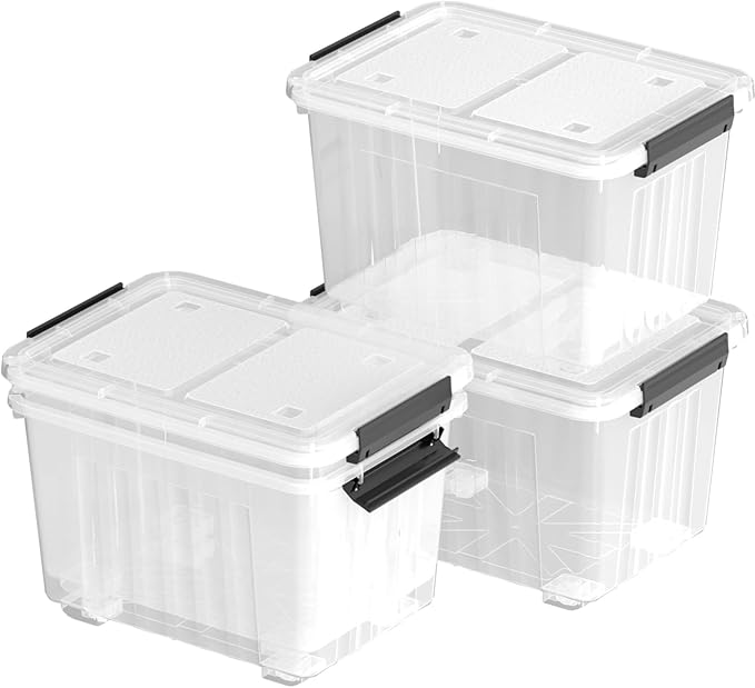 30 Quart 4 Pack Plastic Storage Bins with Latching Lids and Wheels Clear Latch Box Container