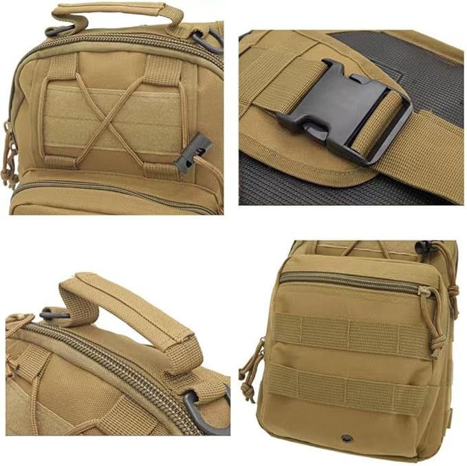 SUMAC Universal Tactical Sling Backpack - 600D Polyester Waterproof Crossbody Pack for Camping Hiking Fishing Hunting - EDC Bag with Molle System - Khaki
