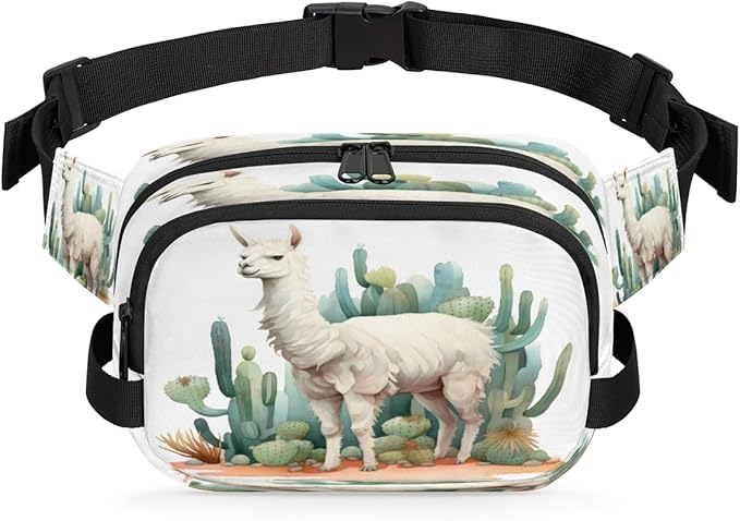 Cute Alpaca Cactus Waterproof Fanny Pack for Women Men Adjustable Waist Bag with Double Zipper Pockets Lightweight Square Hip Pack for Running Travel Hiking Workout Cycling