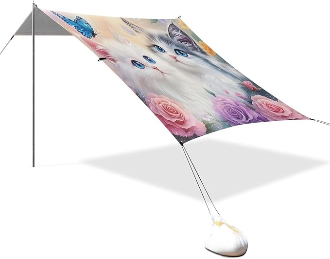 ALAZA Cats Butterfly Rose Kitten Beach Tent Sun Shelter UPF50+ Protection Beach Shade Canopy w/ 4 Sandbags for Outdoor Camping Fishing Backyard Fun Picnic 10x9 ft