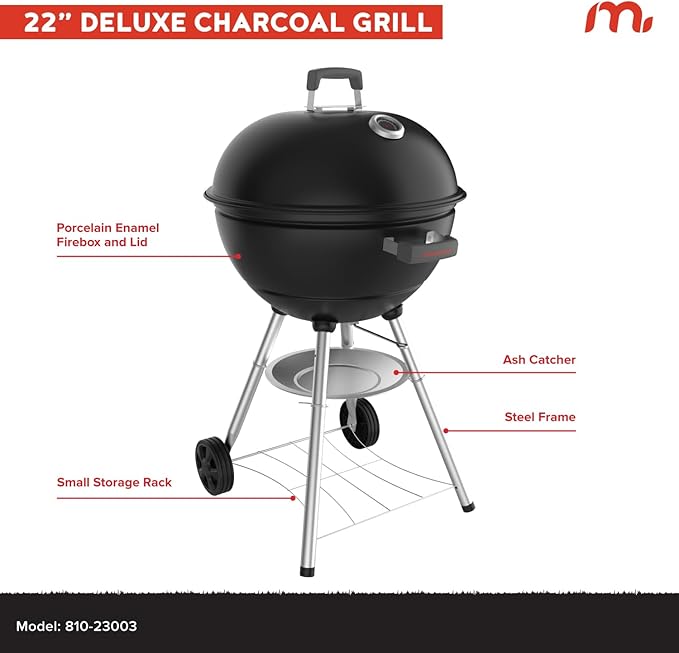 Megamaster 22 Deluxe Charcoal Barbecue Grill with Adjustable Air Vent Built-In Temperature Gauge 368 SQ. In Cooking Area Storage Rack Portable Grill for Camping Picnics and More - 810-23003