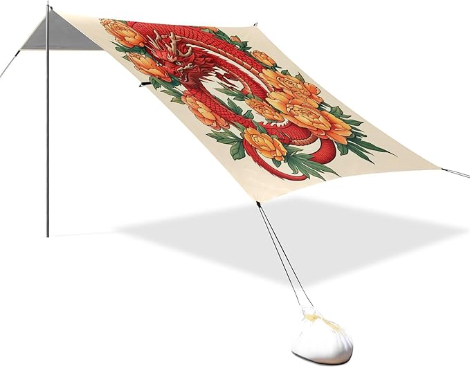 xigua Dragon Pattern Beach Tent Sun Shelter with Carrying Bag - Silver Coated Oxford Fabric Beach Canopy for Beach Camping Fishing - Includes Windproof Ropes Sandbags &amp Stakes