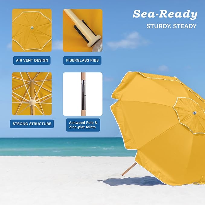 AMMSUN 7.5ft Heavy Duty High Wind Beach Umbrella Commercial Grade with Air Vent Ash Wood Pole &amp Carry Bag UPF 50+ Sun Protection for Patio Garden Pool Backyard Yellow