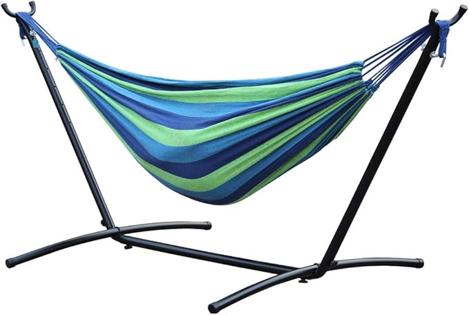 Hammock and Stand Heavy Duty Portable Solid Steel Stand with Carrying Case Adjustable 9Ft Indoor-Outdoor 2 Person Large Weather Resistant Hammock Stands for Backyard Decor Bed Patio Lawn Garde Blue