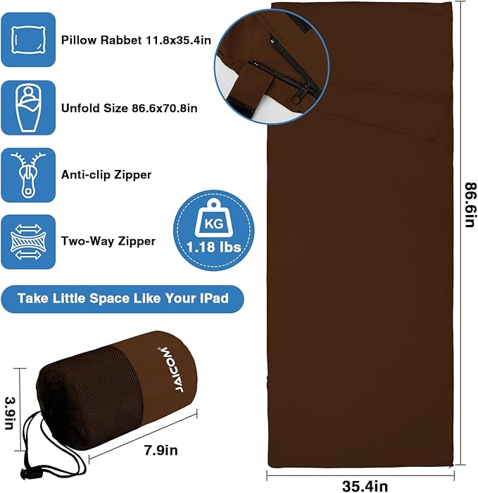 JAICOM Sleeping Bag Liner Travel Sheets &amp Adult Sleep Sack Ultralight and Portable Summer Sleeping Bag - Ideal for Backpacking Hotels and Hostels Business Trips Camping