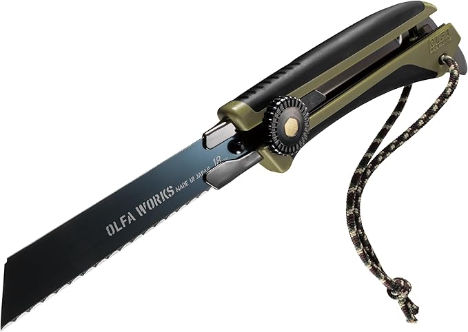 OLFA WORKS OW-OUK-1/OD Outdoor Knife Fine Serrated Edge Blade for Confident Cutting - Multi Purpose Outdoor Knife Designed to Handle Slippery Materials like Rope Plastic and Canvas - Ratchet-wheel
