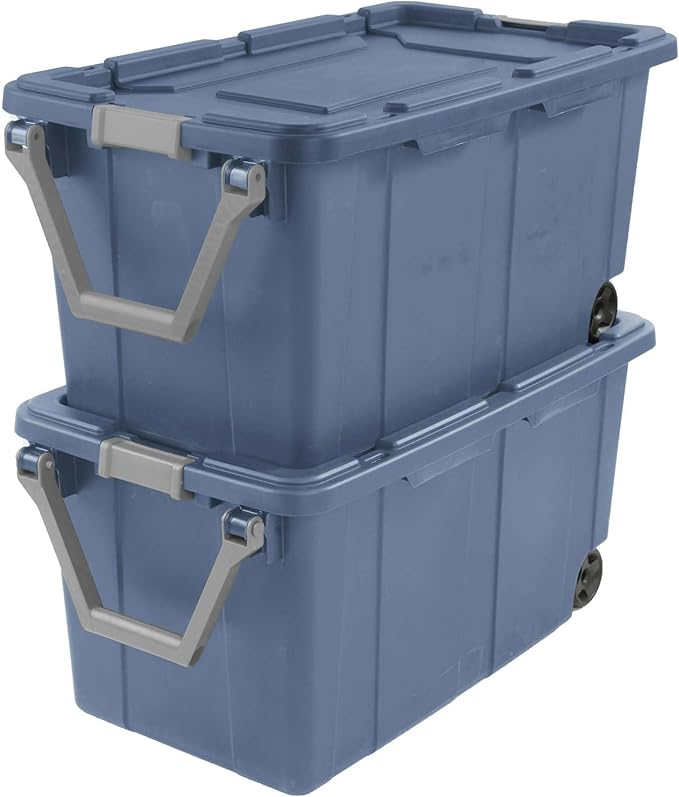 40 Gallon Wheeled Industrial Tote Rugged Plastic Storage Bin Latch Lid Blue 2 Count