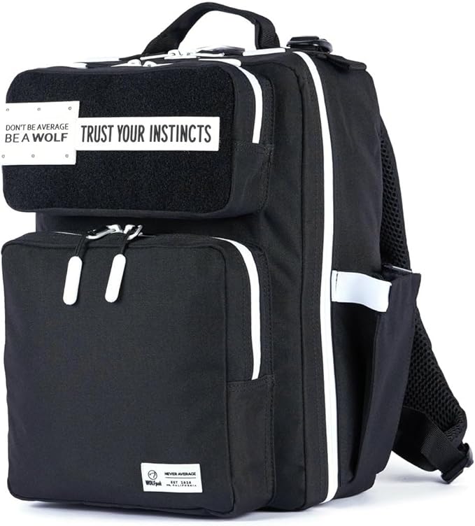 WOLFpak 15L Slim Tactical Gym Backpack - Durable 1000D Waterproof Oxford Material | Minimalist Daypack w/Laptop Pocket &amp Dual Cup Holders | Great for Travel &amp EDC | (Alpha Black White Accents)