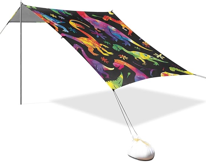 ALAZA Rainbow Dinosaurs Dino Beach Tent Sun Shelter UPF50+ Protection Beach Shade Canopy w/ 4 Sandbags for Outdoor Camping Fishing Backyard Fun Picnic 10x9 ft
